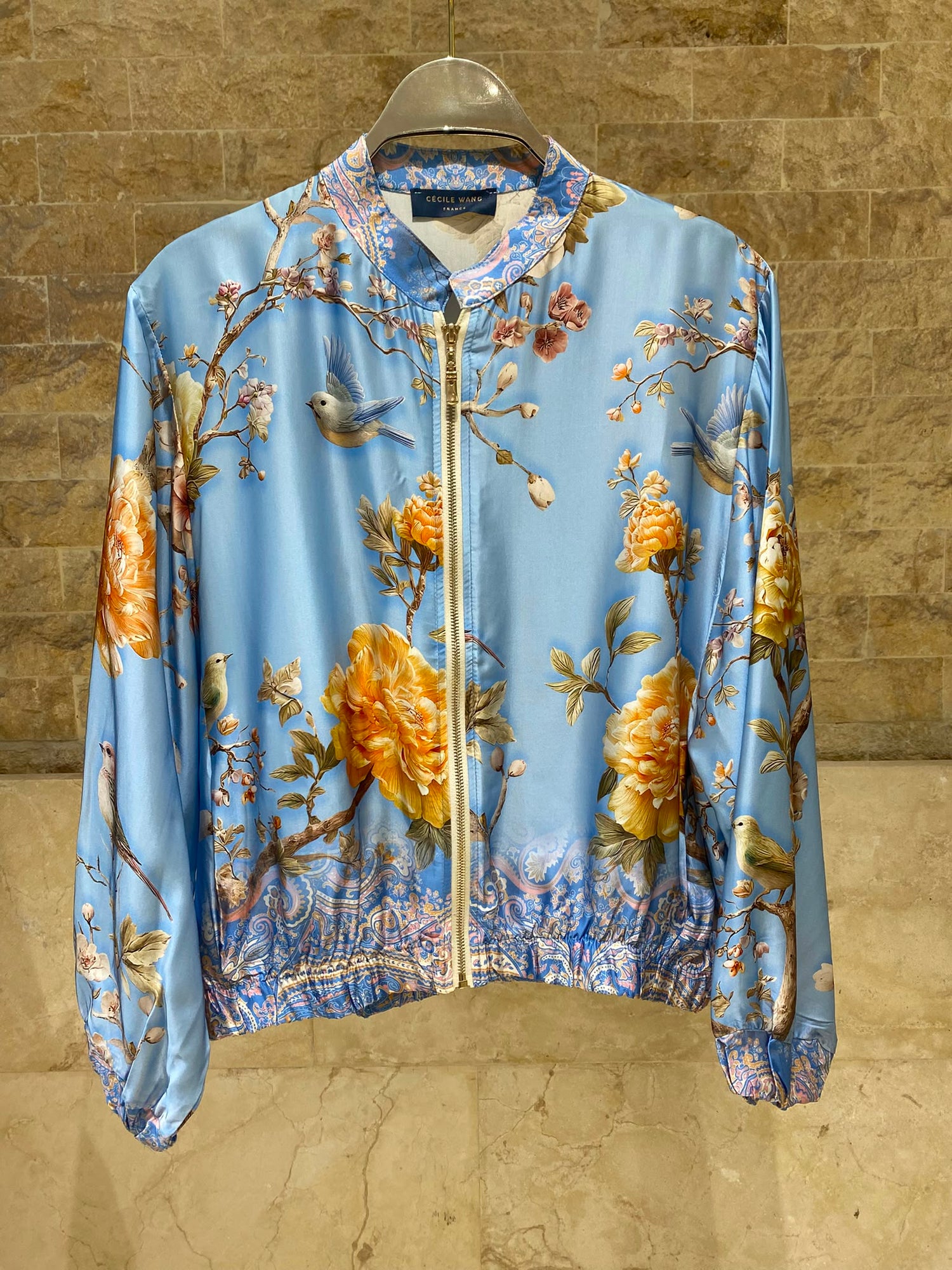 Floral and Bird Printed Satin Bomber Jacket and Pants Set KD8772/6637VS-11