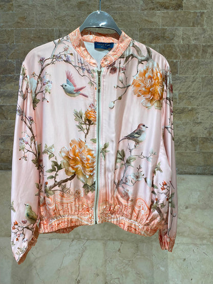 Floral and Bird Printed Satin Bomber Jacket and Pants Set KD8772/6637VS-11