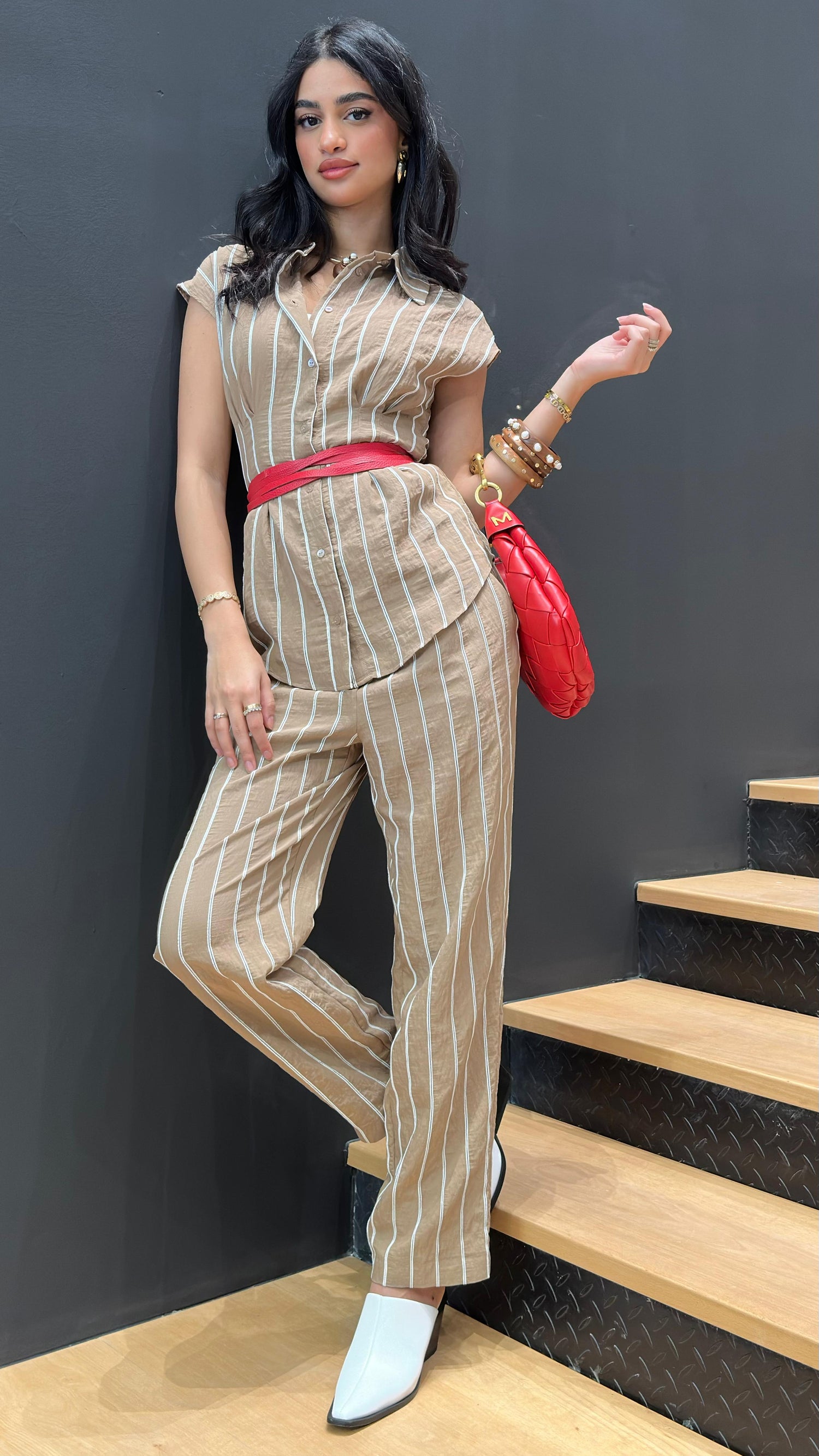 MS2615054/4026 Striped Sleeveless Poplin Top and Pants توب وبنطلون من البوبلين بدون أكمام مخططs - Brown Loft