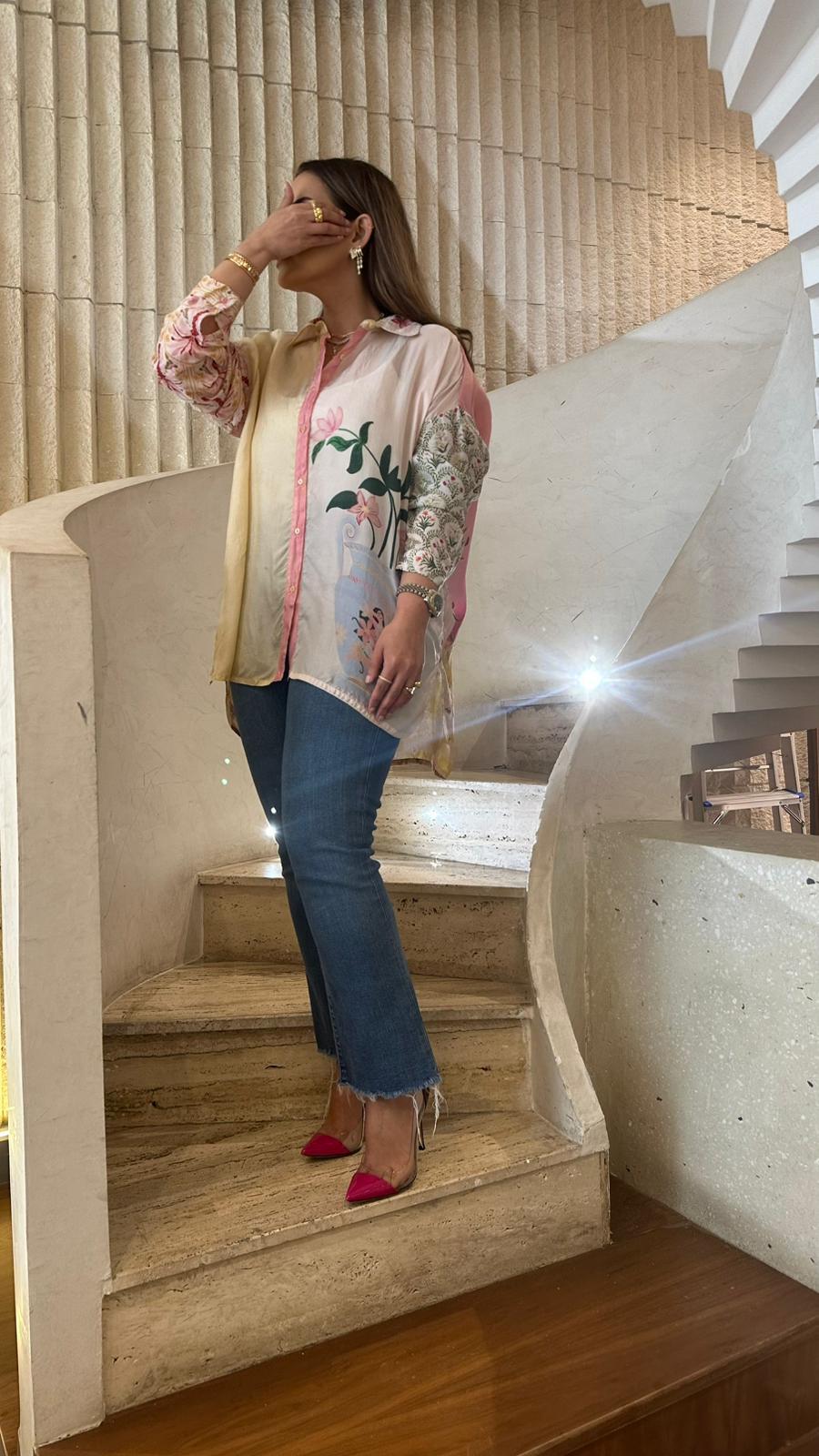 Shirt Graces Multicolor Floral Silk Satin Shirt - Brown Loft