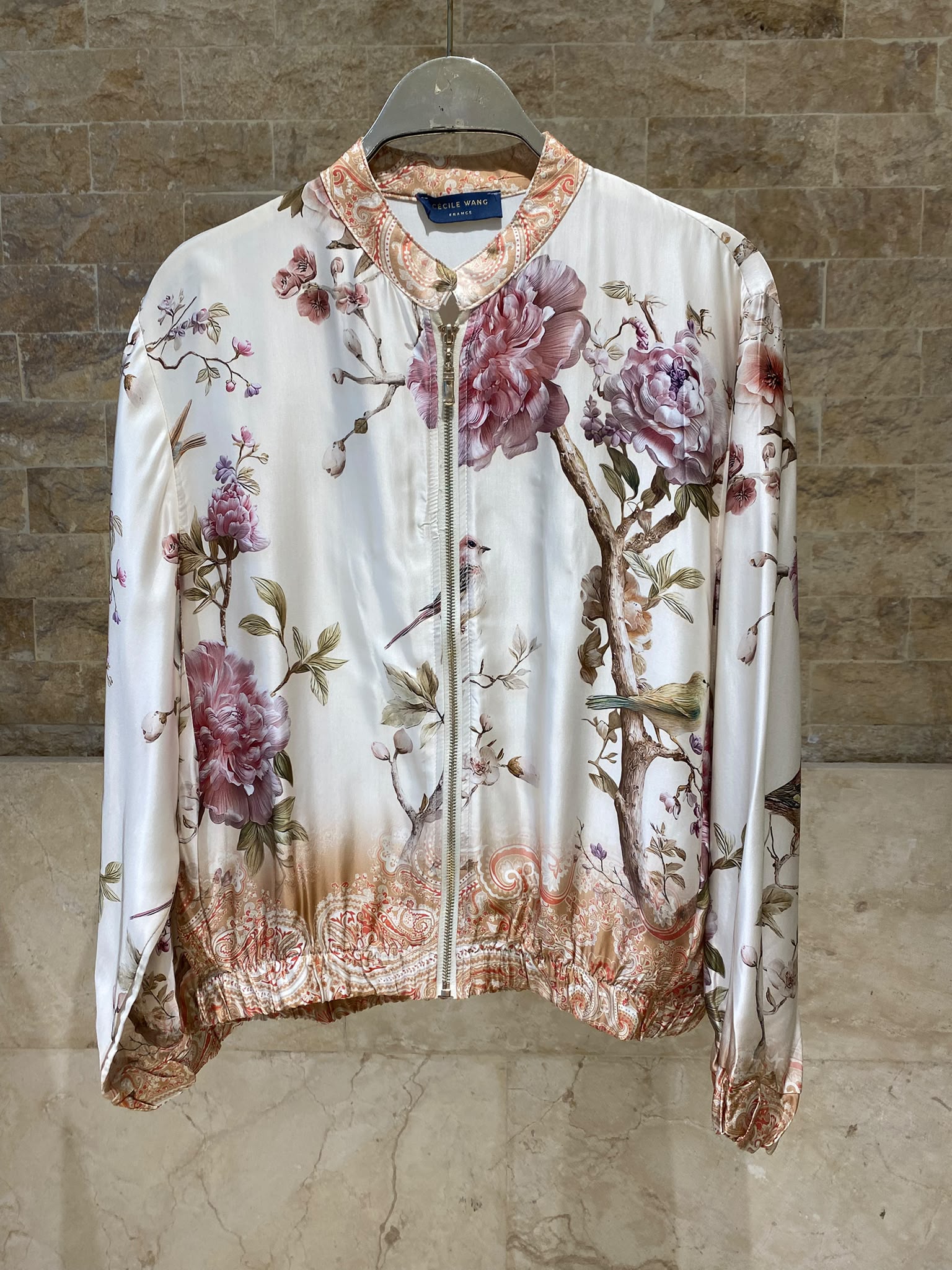 Floral and Bird Printed Satin Bomber Jacket and Pants Set KD8772/6637VS-11