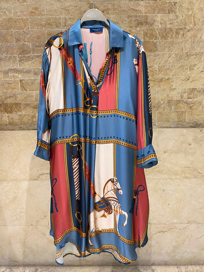 KD6120VS-2 Equestrian Print Satin Oversized Dress