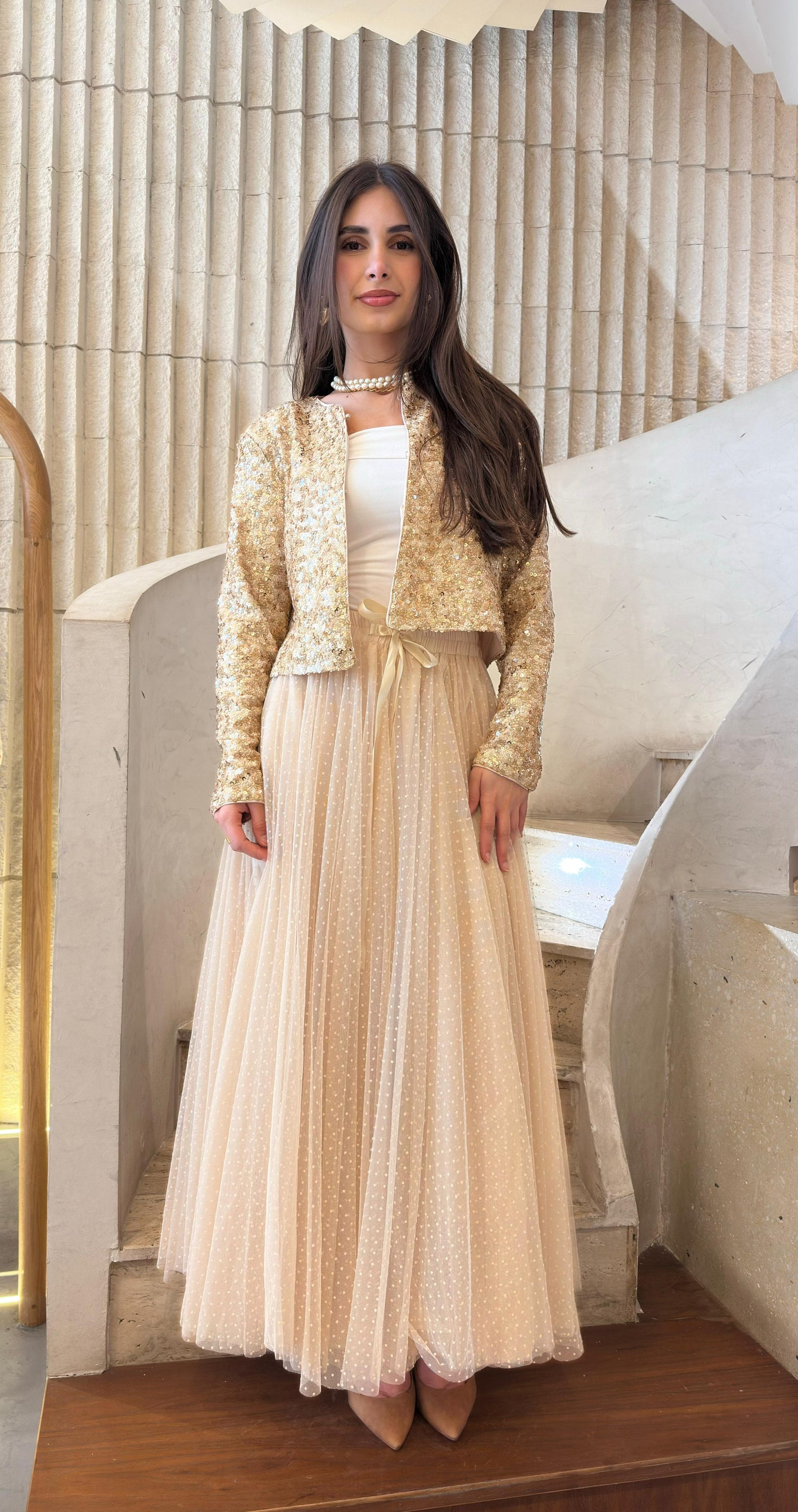 08077-3 White Dot Long Tulle Skirt تنورة تول طويلة