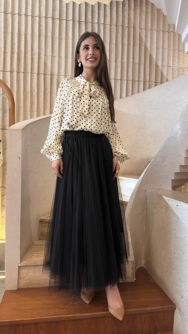 DB92250 Bow Neck Polka Dot Print Oversized Satin Top