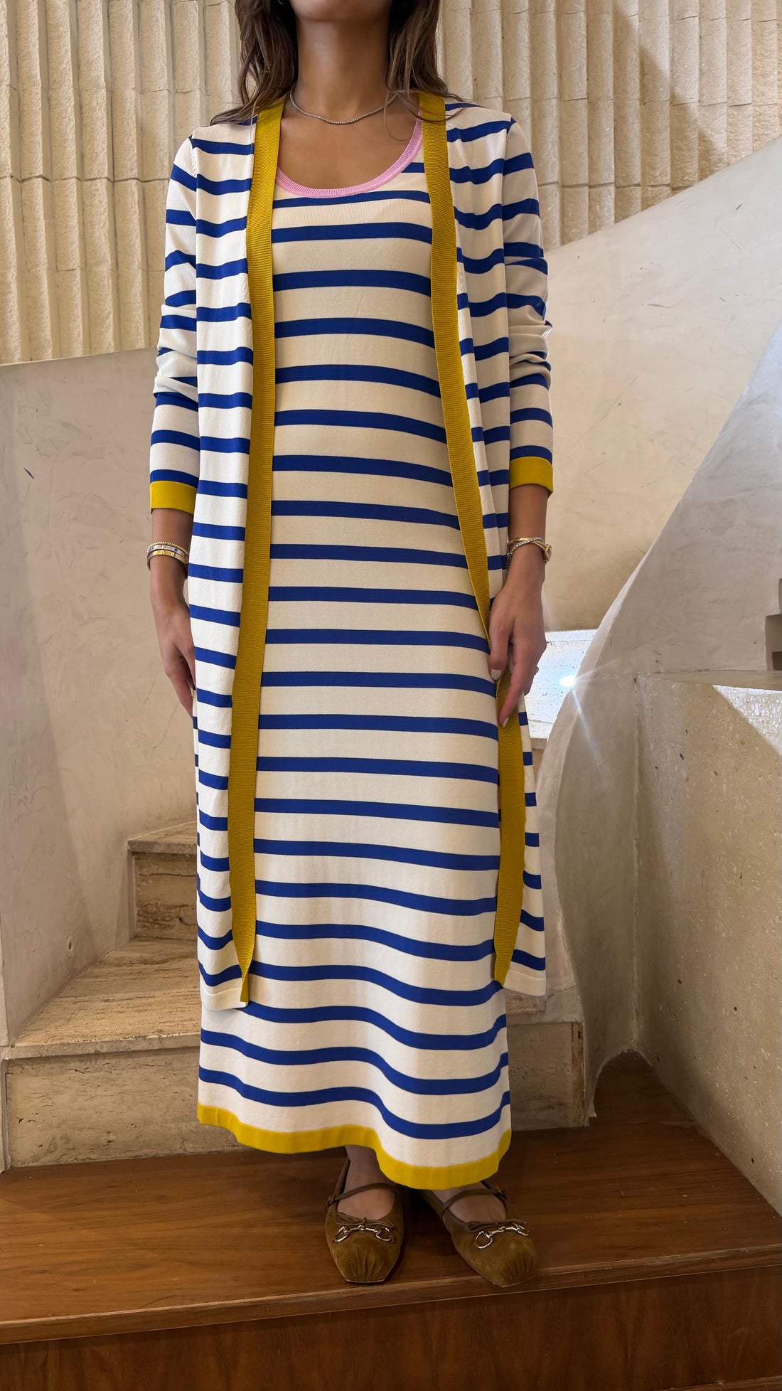 LS2616157/1029 Tricolor Striped Dress and Cardigan فستان مخطط بثلاثة ألوان وكارديغان