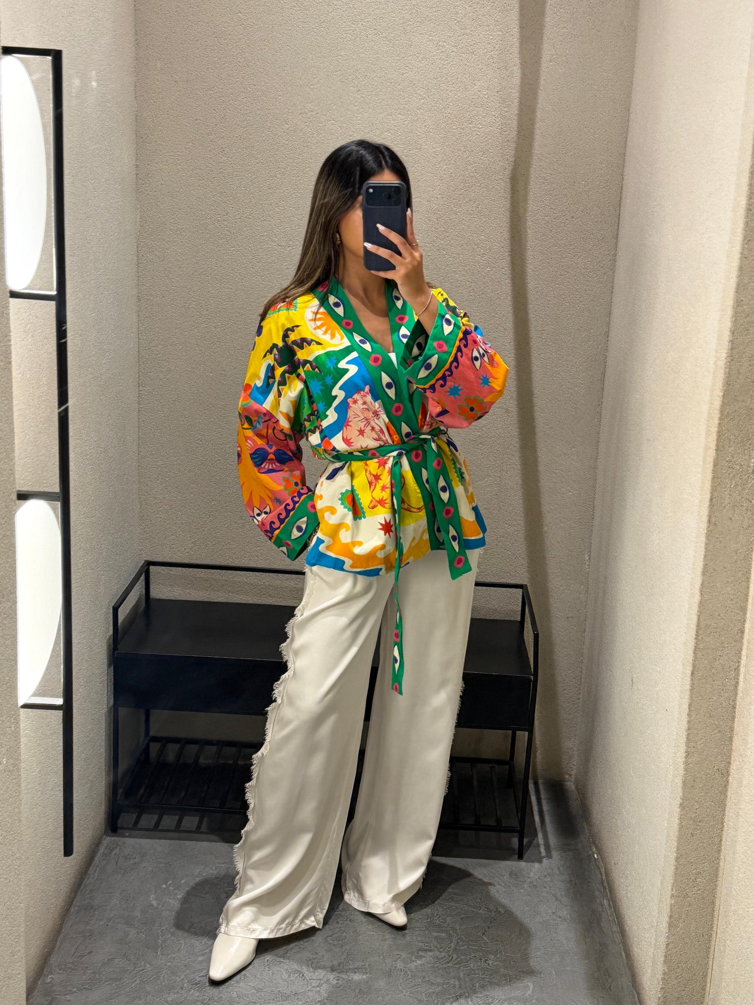 Green Illustrative Graphics Belted Kimono 67058