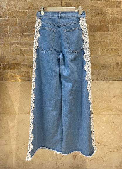BCG0280-10 Denim Pants with Floral Lace - Brown Loft