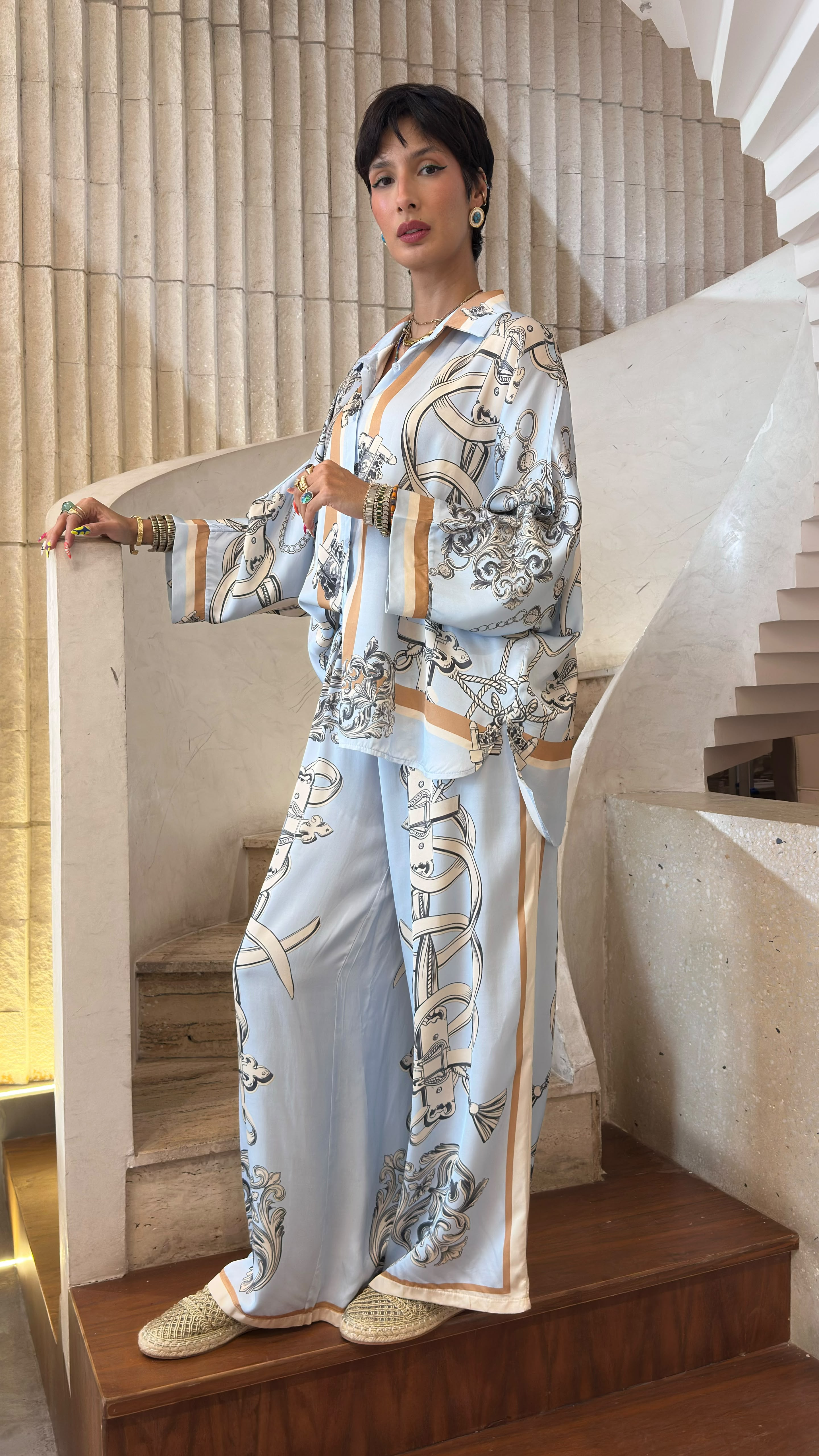 Baroque and Chain Detailed Satin Shirt and Pants KD88015/9099VS-10