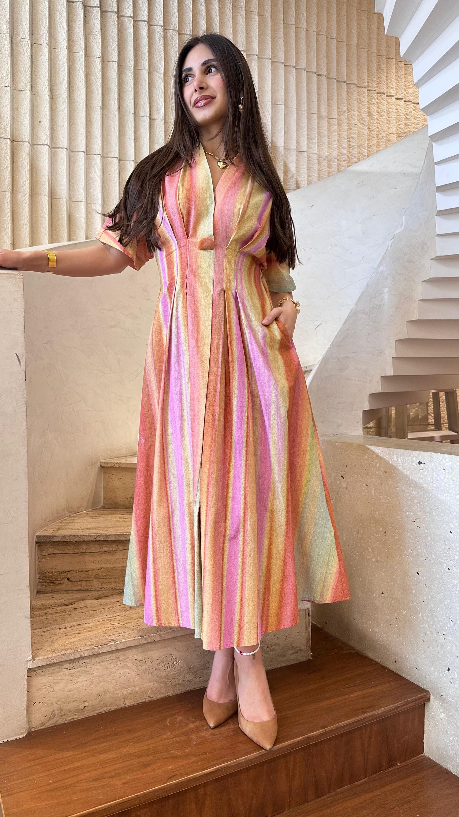 6218140  Multicolor Linen Blend Long Dress فستان طويل متعدد الألوان من مزيج الكتان - Brown Loft