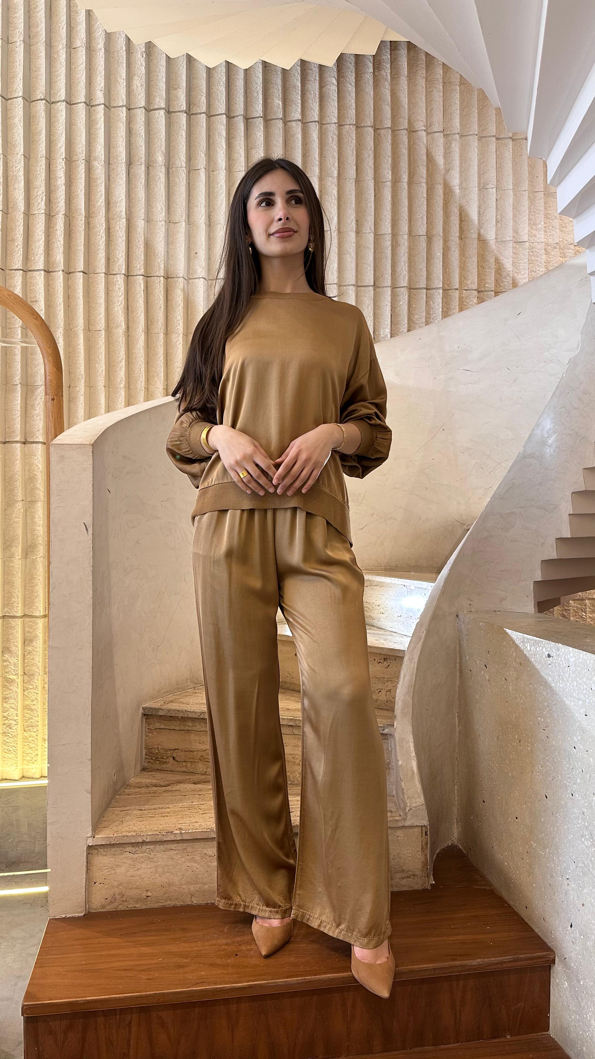 DB14570VS Wide Leg Satin Pants بنطلون ساتان واسع الساق - Brown Loft