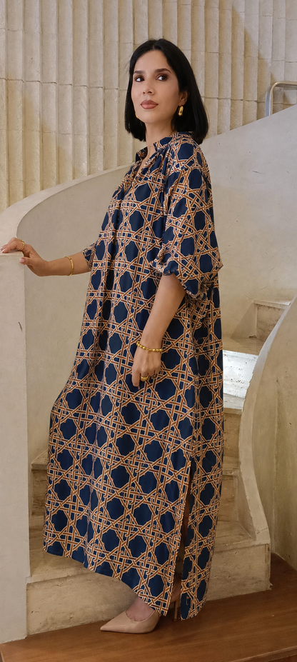 KD9702VS Geometric Cane Print Satin Dress