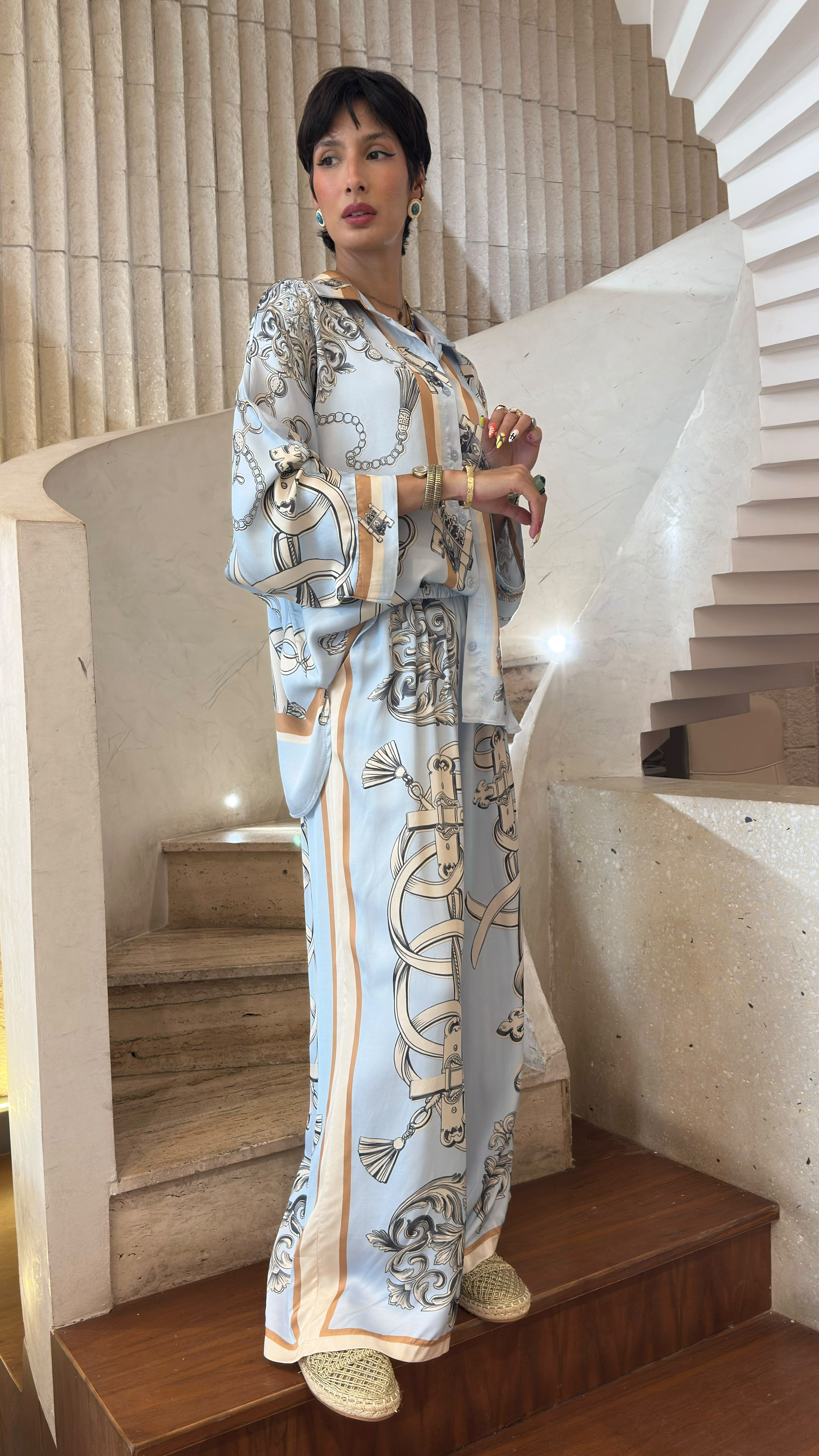Baroque and Chain Detailed Satin Shirt and Pants KD88015/9099VS-10