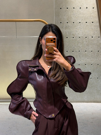 T2215 Faux Leather Cropped Jacket