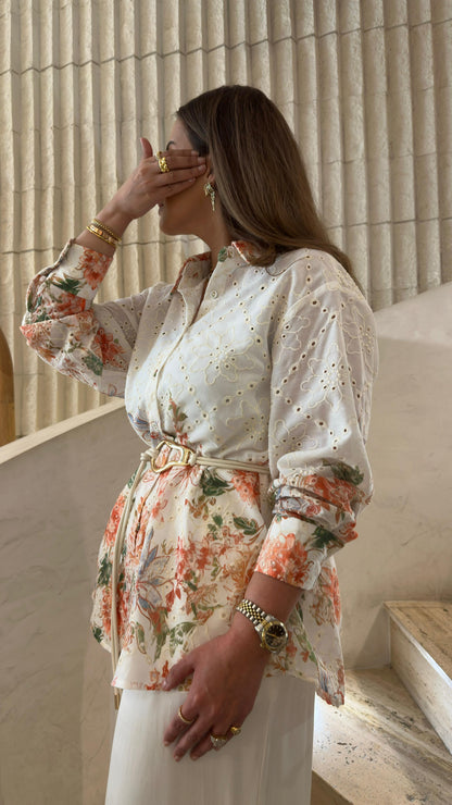 Delia Embroidered Oversized Shirt قميص مطرز واسع - Brown Loft