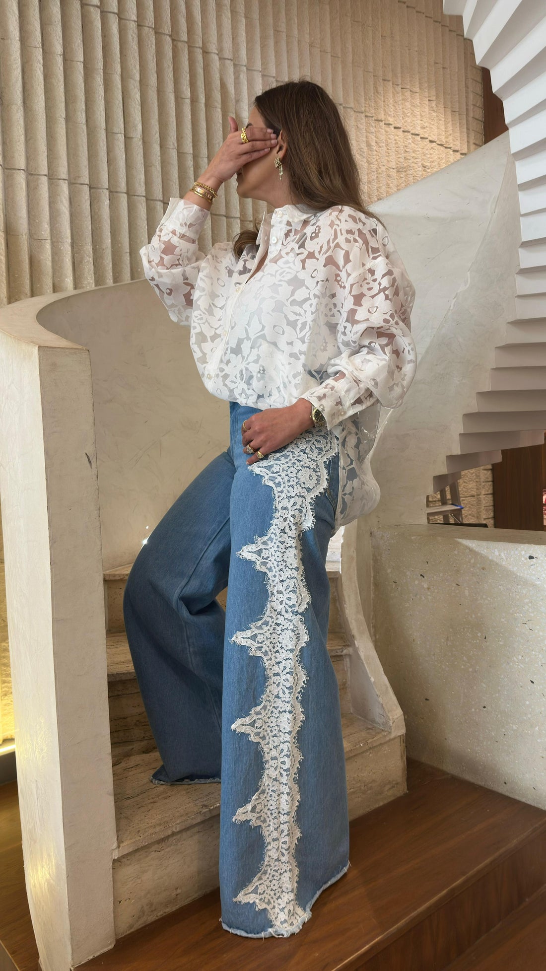BCG0280-10 Denim Pants with Floral Lace - Brown Loft