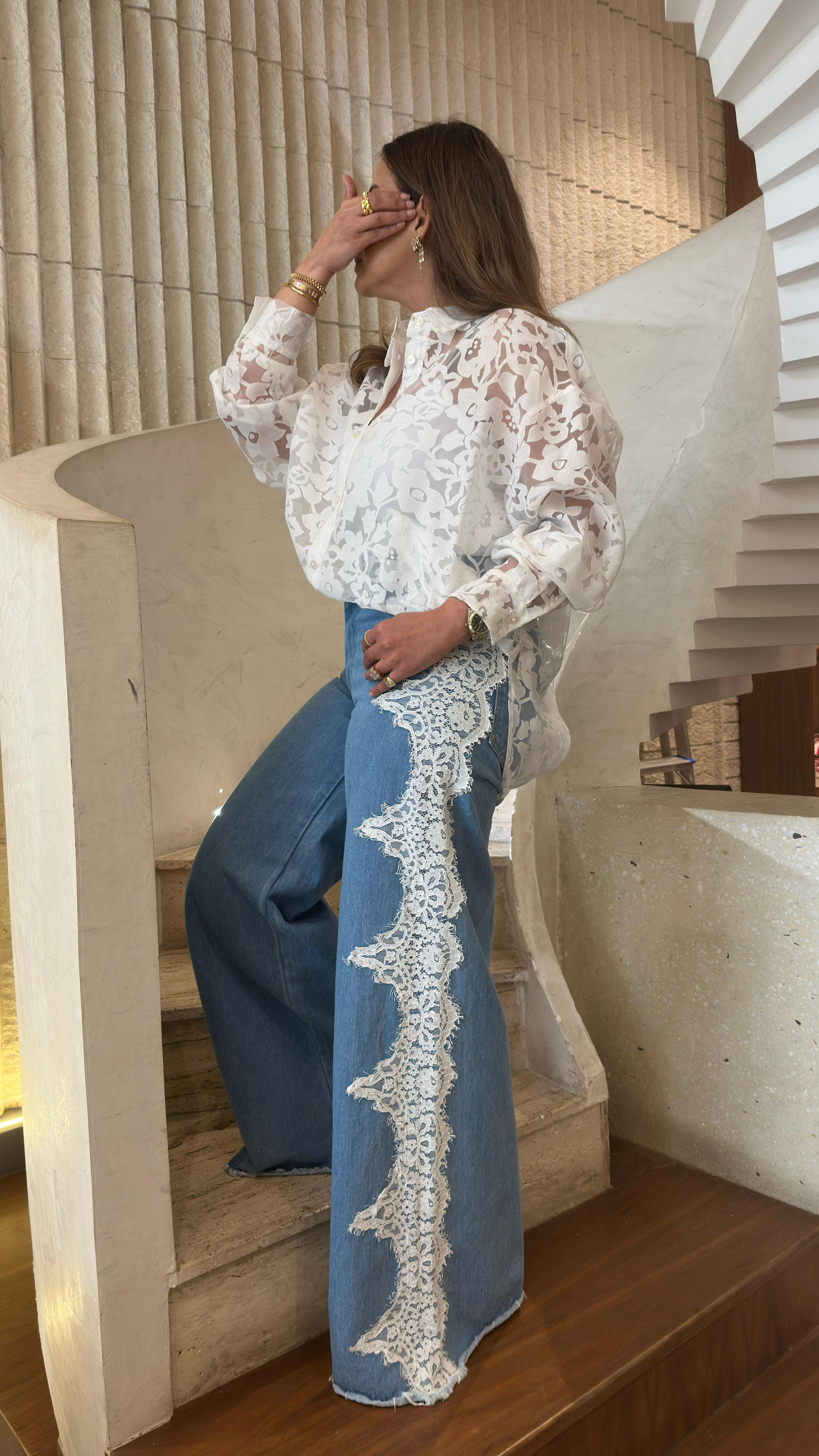 BCG0280-10 Denim Pants with Floral Lace - Brown Loft