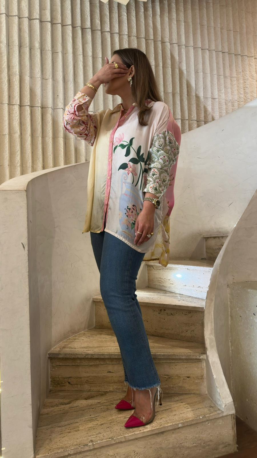 Shirt Graces Multicolor Floral Silk Satin Shirt - Brown Loft
