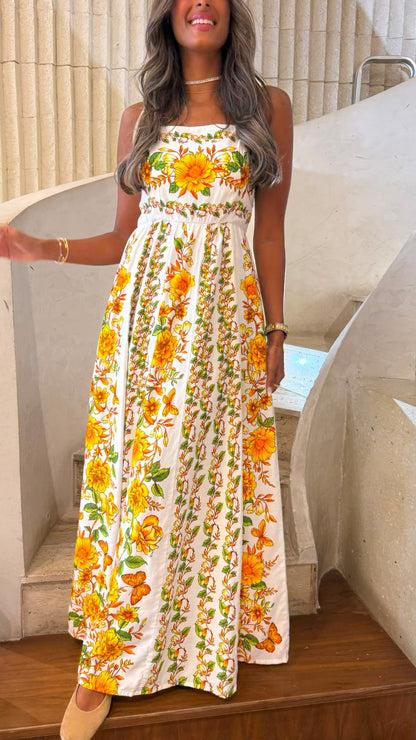 Vergara Straight Neckline Floral Print Dress