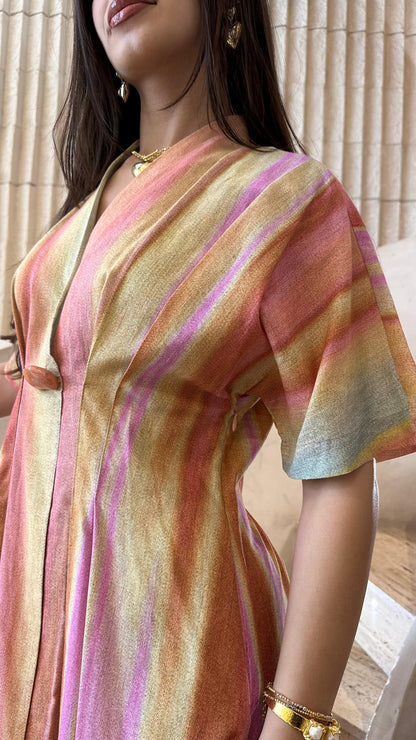 6218140  Multicolor Linen Blend Long Dress فستان طويل متعدد الألوان من مزيج الكتان - Brown Loft