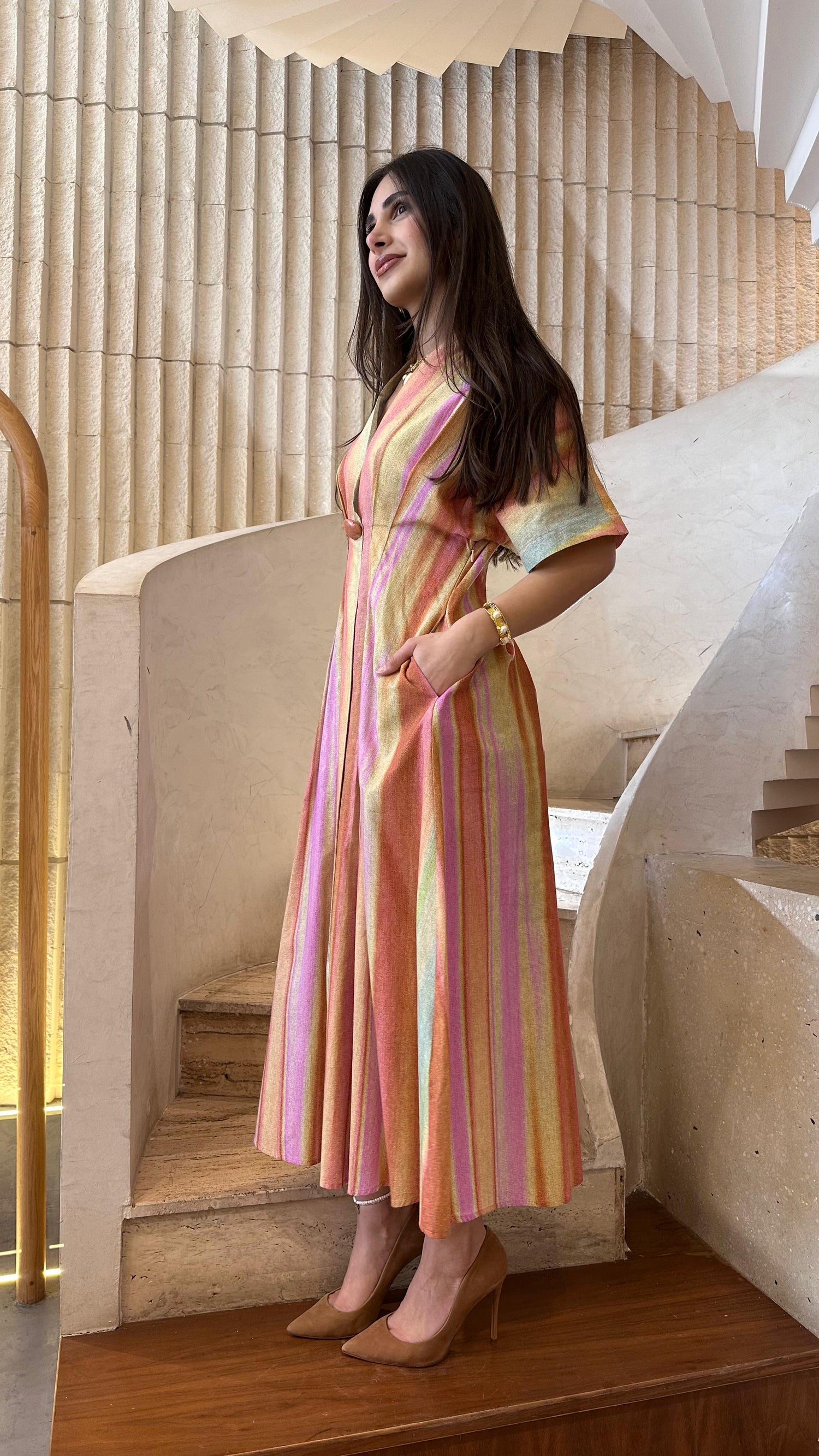 6218140  Multicolor Linen Blend Long Dress فستان طويل متعدد الألوان من مزيج الكتان - Brown Loft