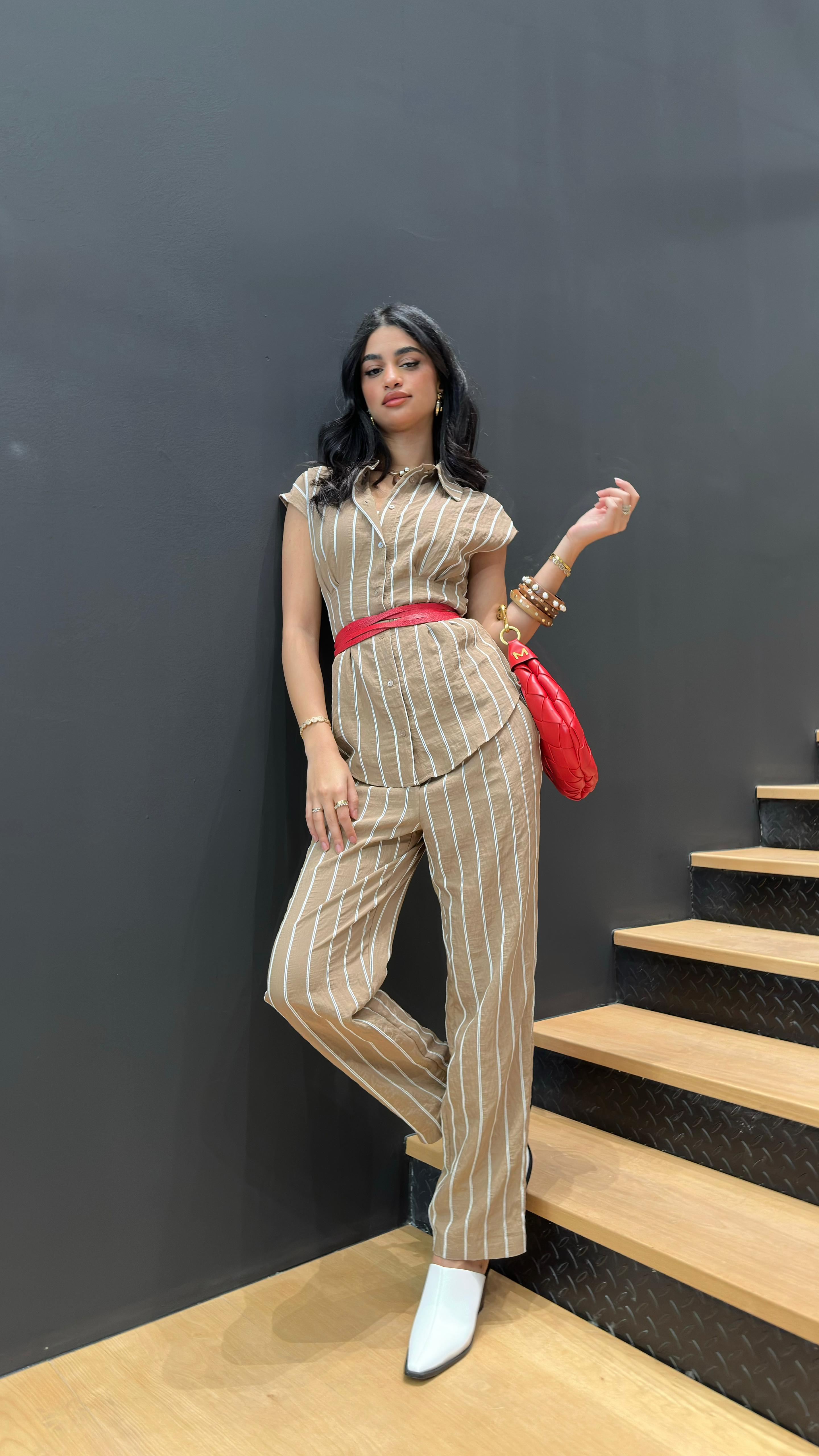 MS2615054/4026 Striped Sleeveless Poplin Top and Pants توب وبنطلون من البوبلين بدون أكمام مخططs - Brown Loft
