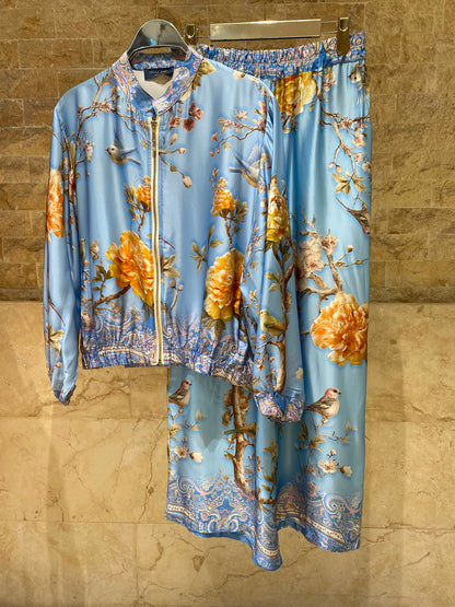 Floral and Bird Printed Satin Bomber Jacket and Pants Set KD8772/6637VS-11