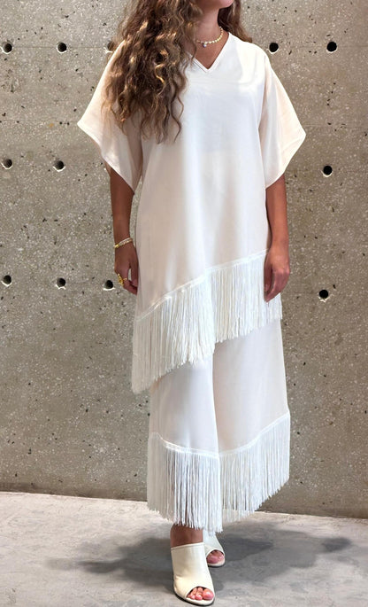 Lucivita Sets Asymmetric Fringe Top and Pants بلوزة وبنطال غير متماثلين مزينين بشراشيب