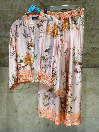 Floral and Bird Printed Satin Bomber Jacket and Pants Set KD8772/6637VS-11