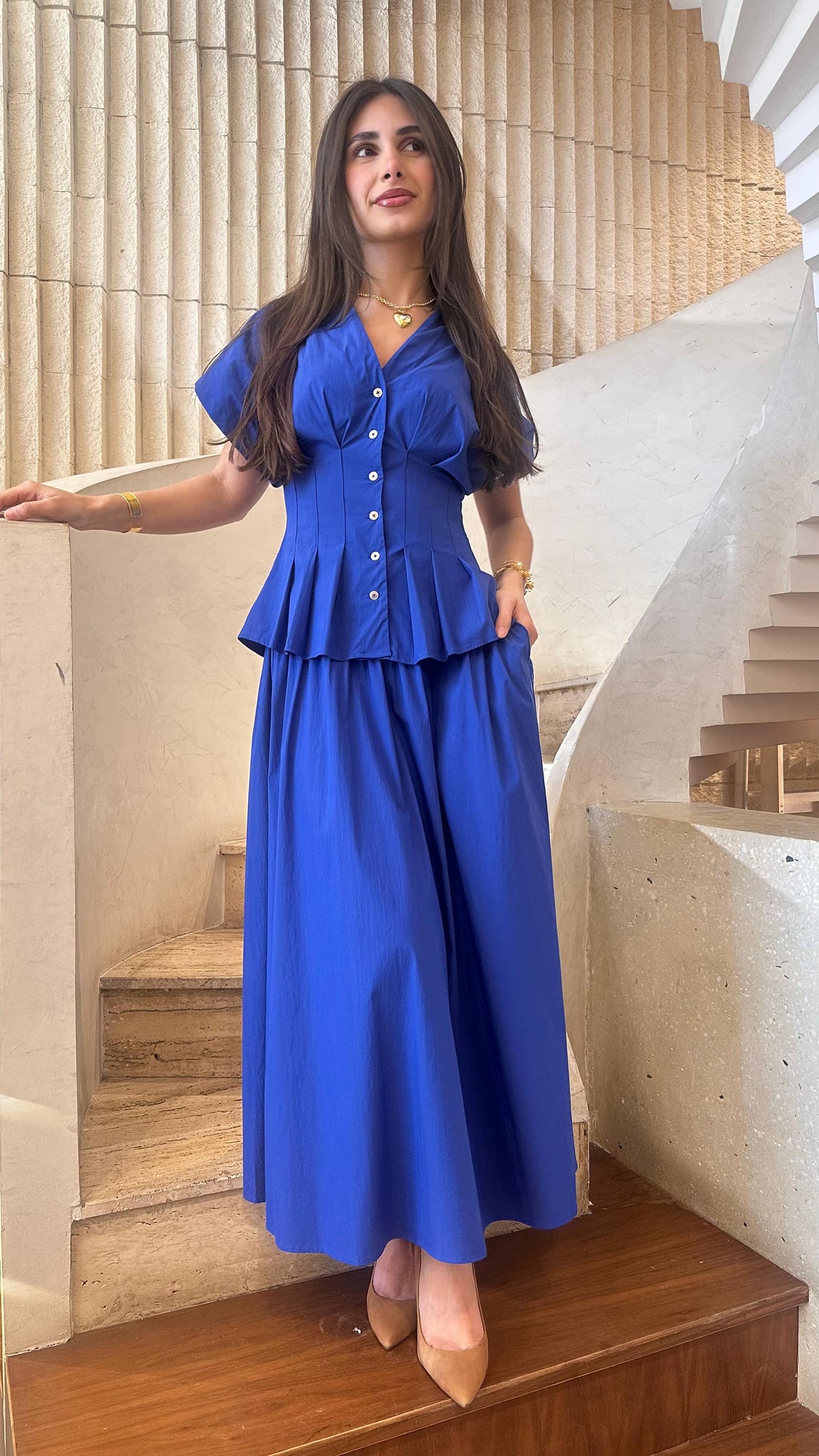 6218089 Pleated Long Dress فستان طويل مطوي - Brown Loft