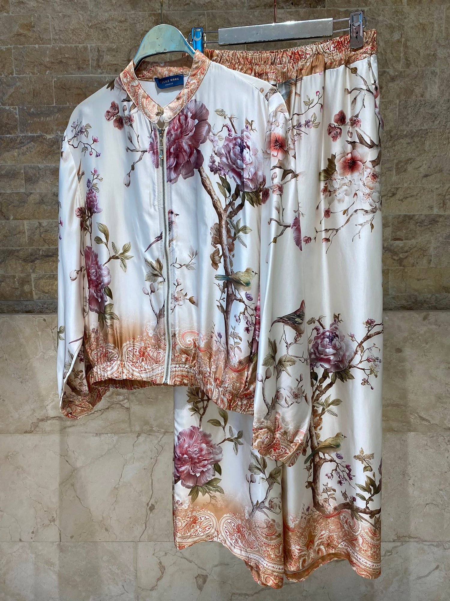 Floral and Bird Printed Satin Bomber Jacket and Pants Set KD8772/6637VS-11