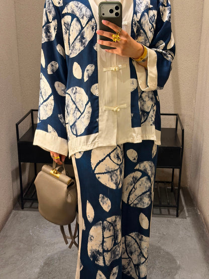 Leaf Print Satin Jacket and Pants Set KD88009/9099VS-14