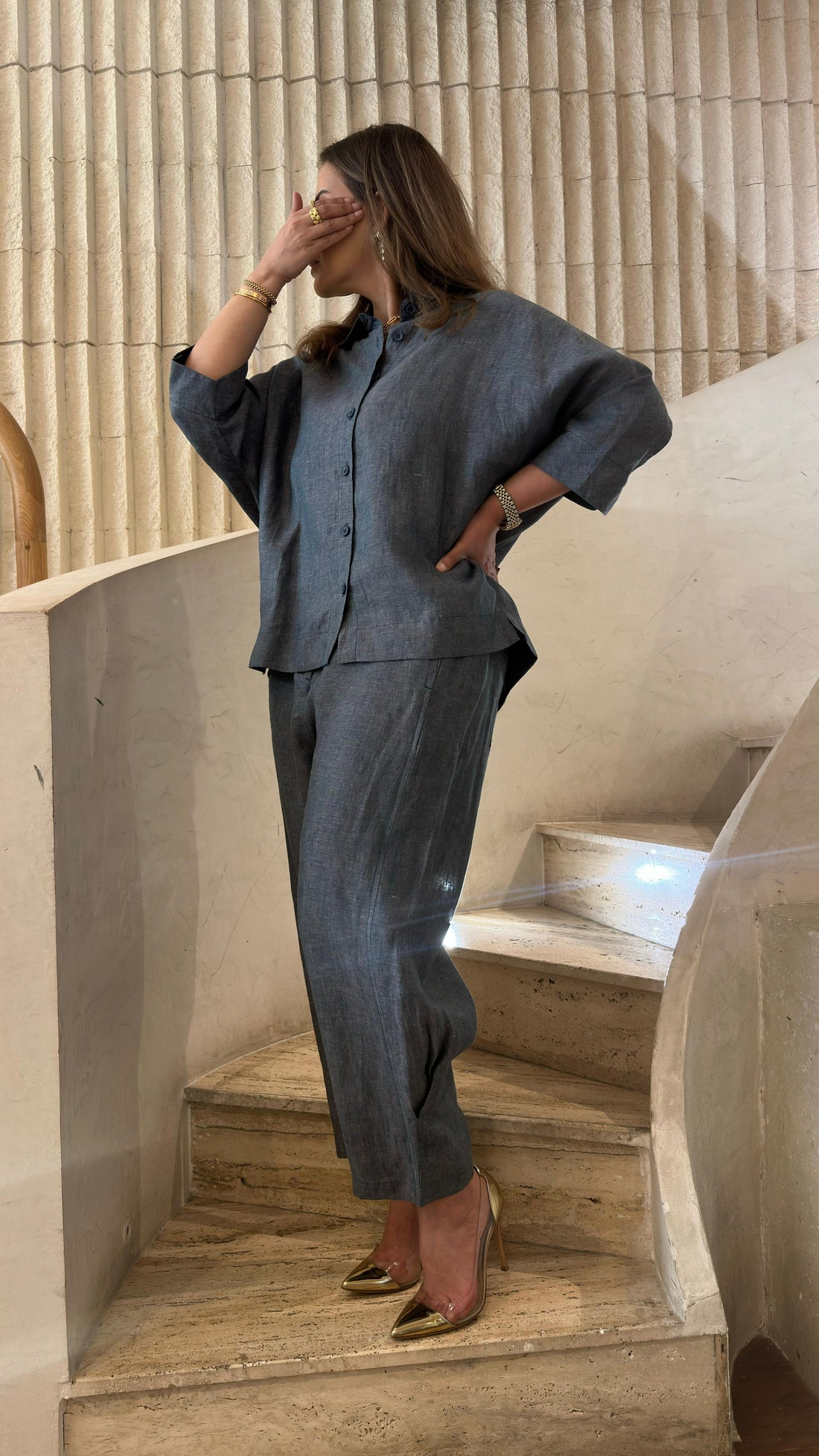 26S-1092/8093 Oversized Linen Shirt and Pants قميص وبنطال من الكتان واسع - Brown Loft
