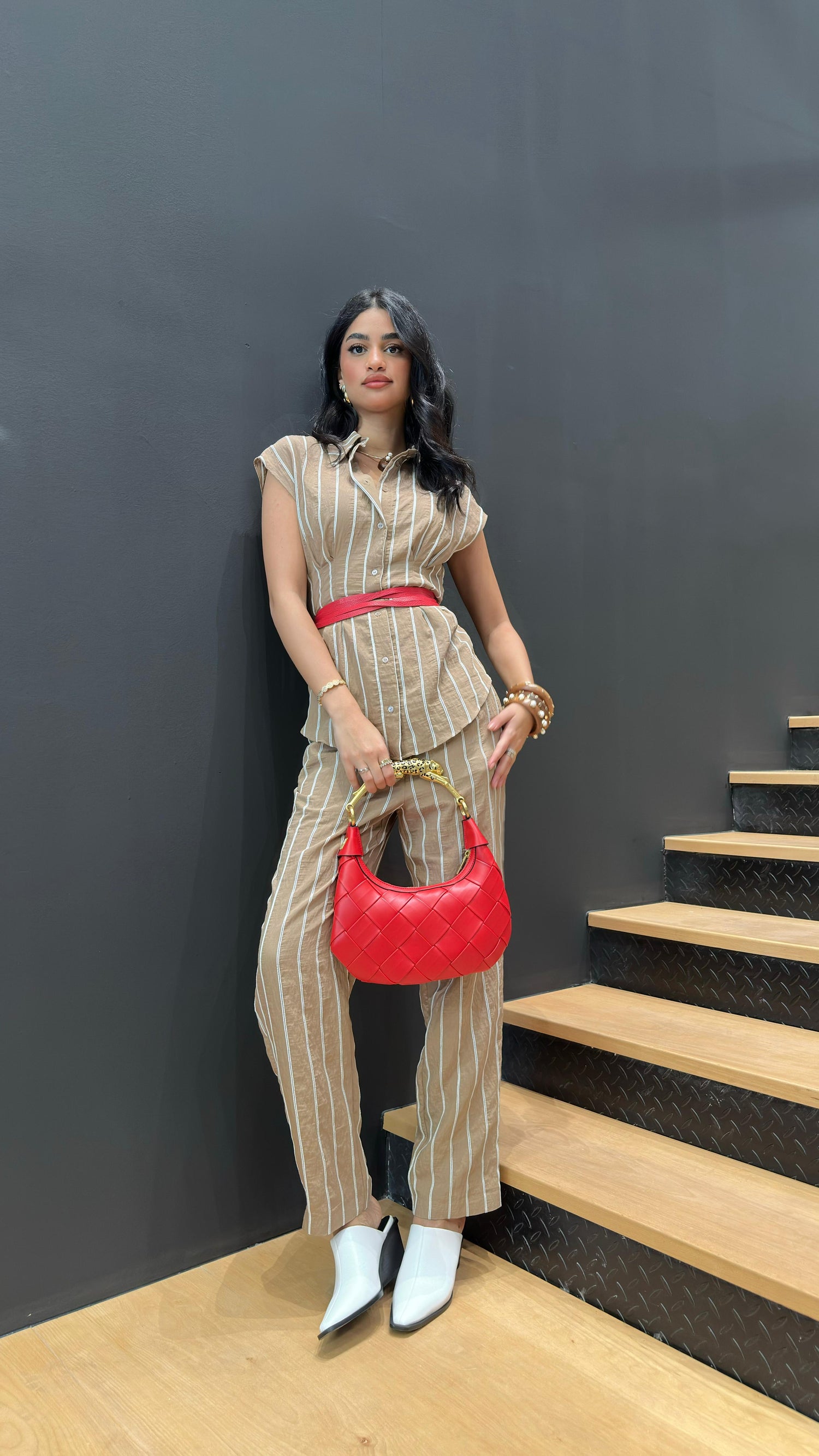 MS2615054/4026 Striped Sleeveless Poplin Top and Pants توب وبنطلون من البوبلين بدون أكمام مخططs - Brown Loft