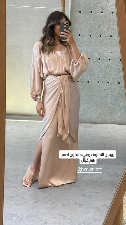 63-3379 Long Wrap Tie Dress - Brown Loft