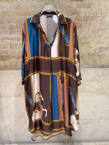 KD6120VS-2 Equestrian Print Satin Oversized Dress