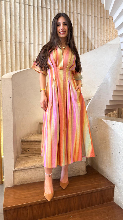 6218140  Multicolor Linen Blend Long Dress فستان طويل متعدد الألوان من مزيج الكتان - Brown Loft