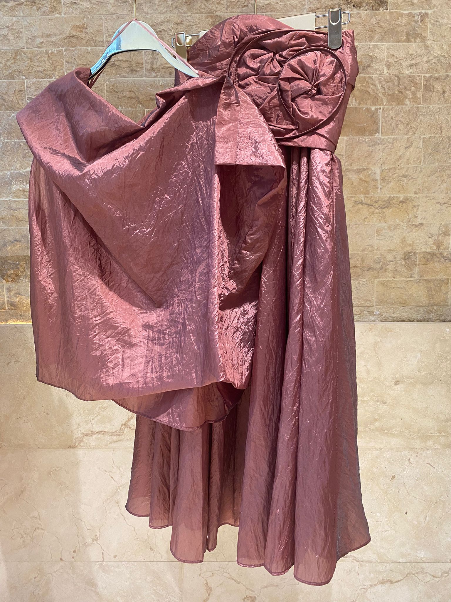 26SS-BK8010/612 Cowl Neckline Taffeta Top and Skirt Set - Brown Loft