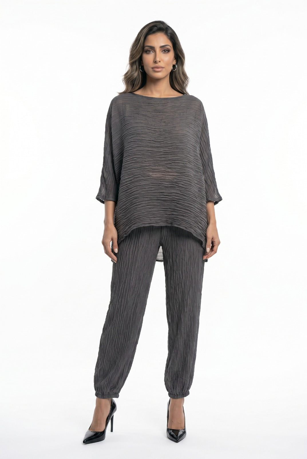 26S-1099 Crinkled Sheer Boxy Top and Pants - Brown Loft