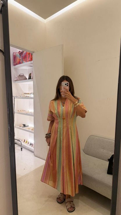 6218140  Multicolor Linen Blend Long Dress فستان طويل متعدد الألوان من مزيج الكتان - Brown Loft