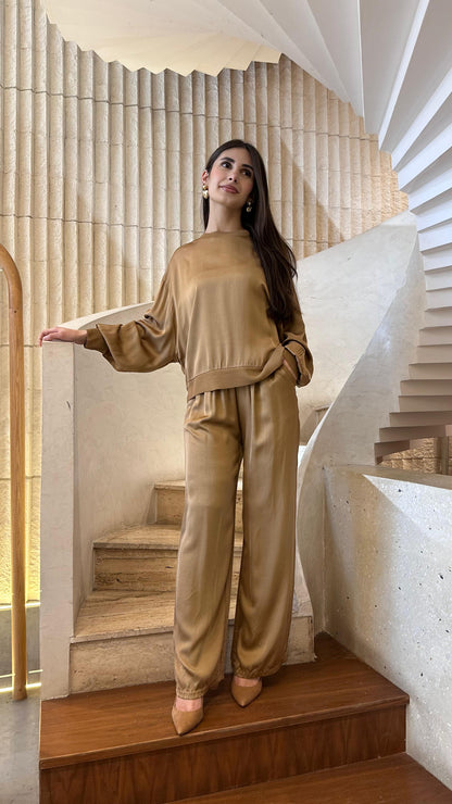 DB14570VS Wide Leg Satin Pants بنطلون ساتان واسع الساق - Brown Loft