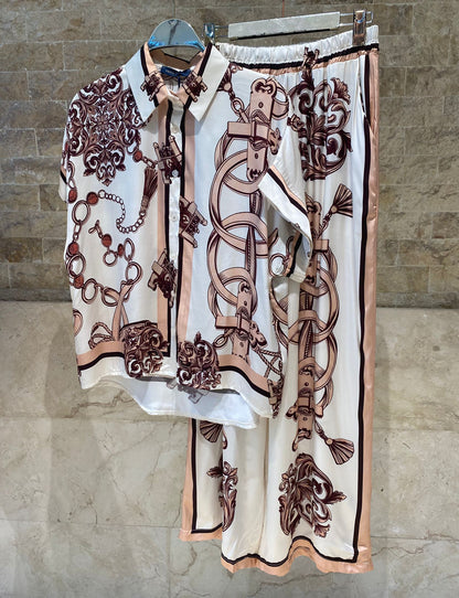 KD9099/9119VS-10 Chain Detailed Satin Shirt and Pants Set طقم قميص وبنطال من الساتان بتفاصيل السلاسل