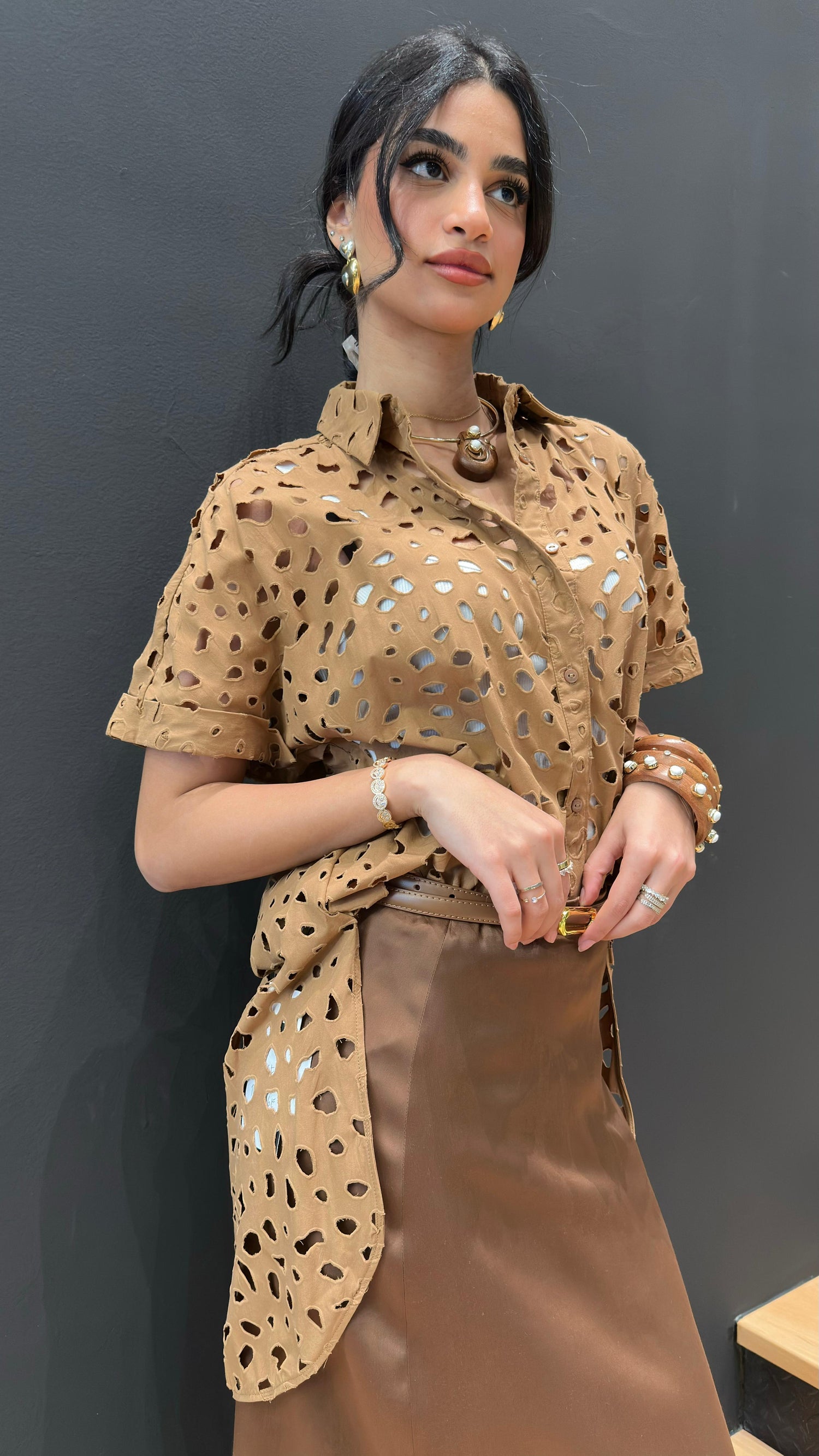 MS2615057 Eyelet Embroidered Shirt قميص مطرز بعين صغيرة - Brown Loft