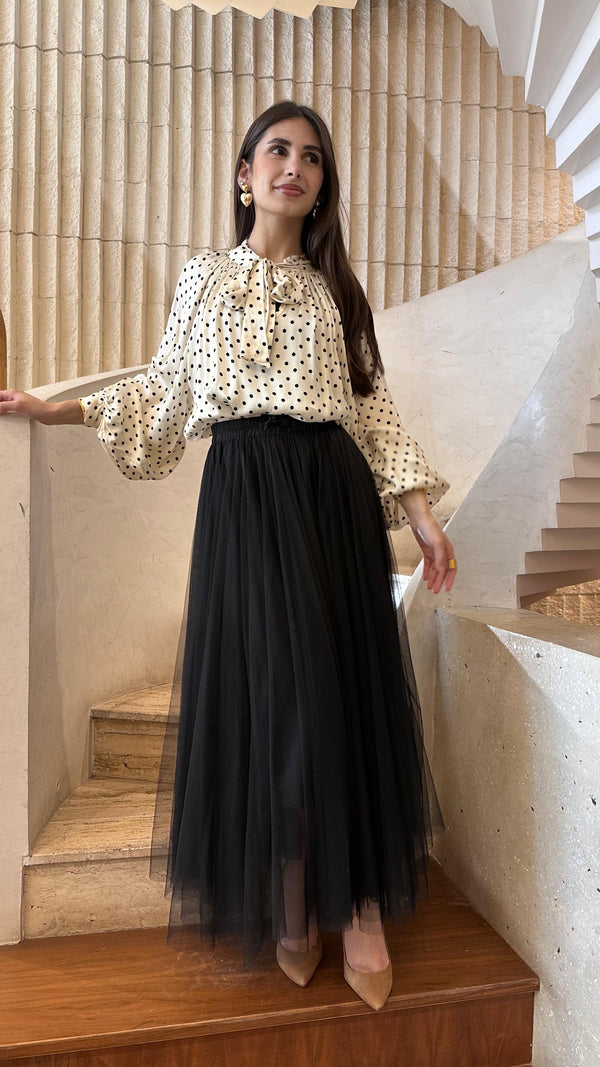 DB92250 Bow Neck Polka Dot Print Oversized Satin Top