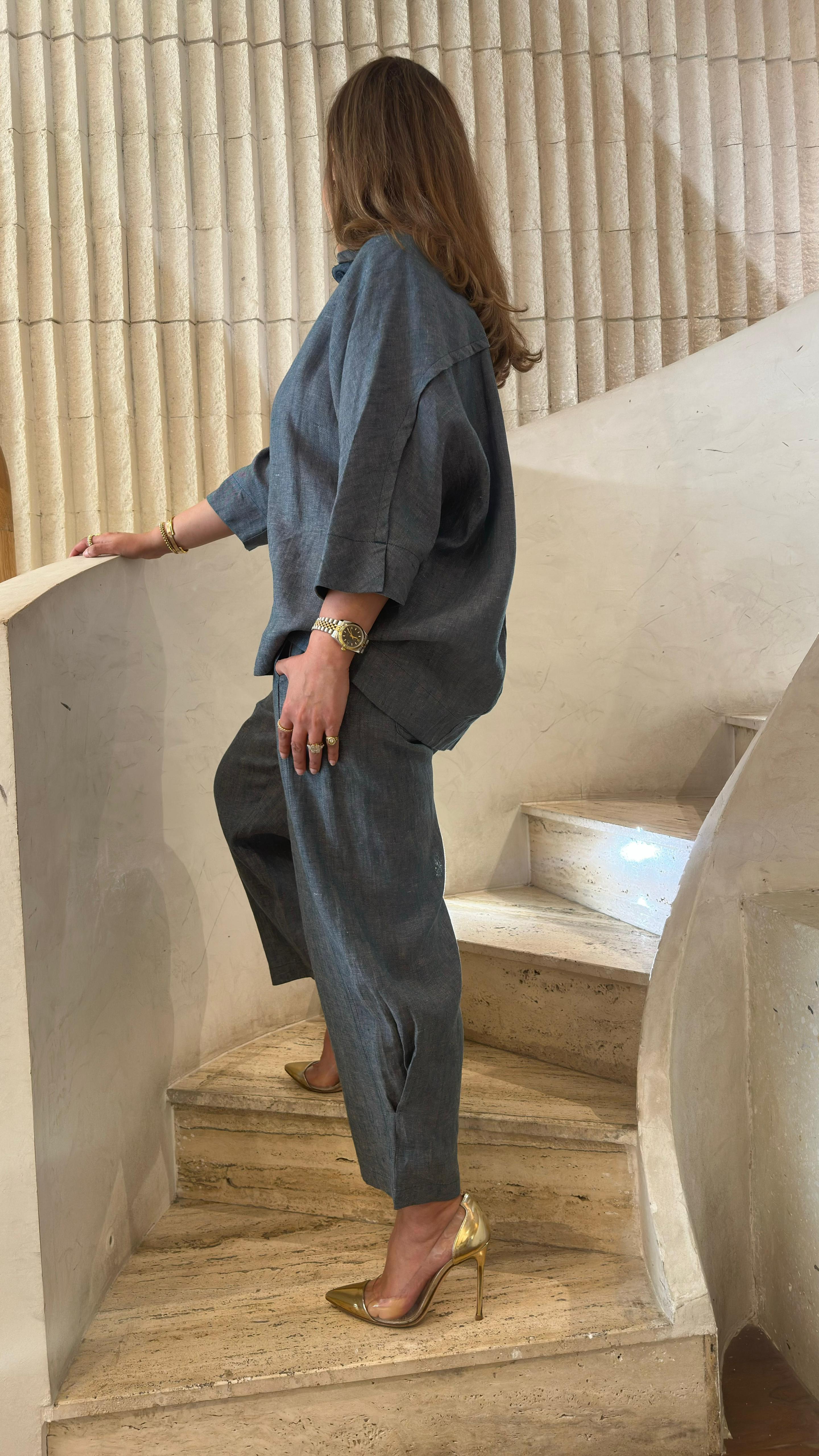 26S-1092/8093 Oversized Linen Shirt and Pants قميص وبنطال من الكتان واسع - Brown Loft