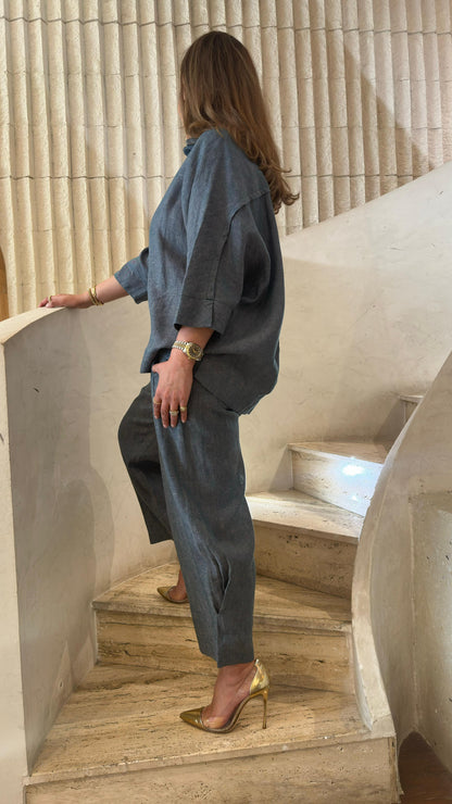 26S-1092/8093 Oversized Linen Shirt and Pants قميص وبنطال من الكتان واسع - Brown Loft