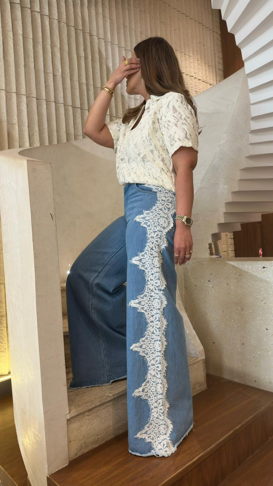 BCG0280-10 Denim Pants with Floral Lace - Brown Loft