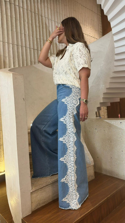 BCG0280-10 Denim Pants with Floral Lace - Brown Loft