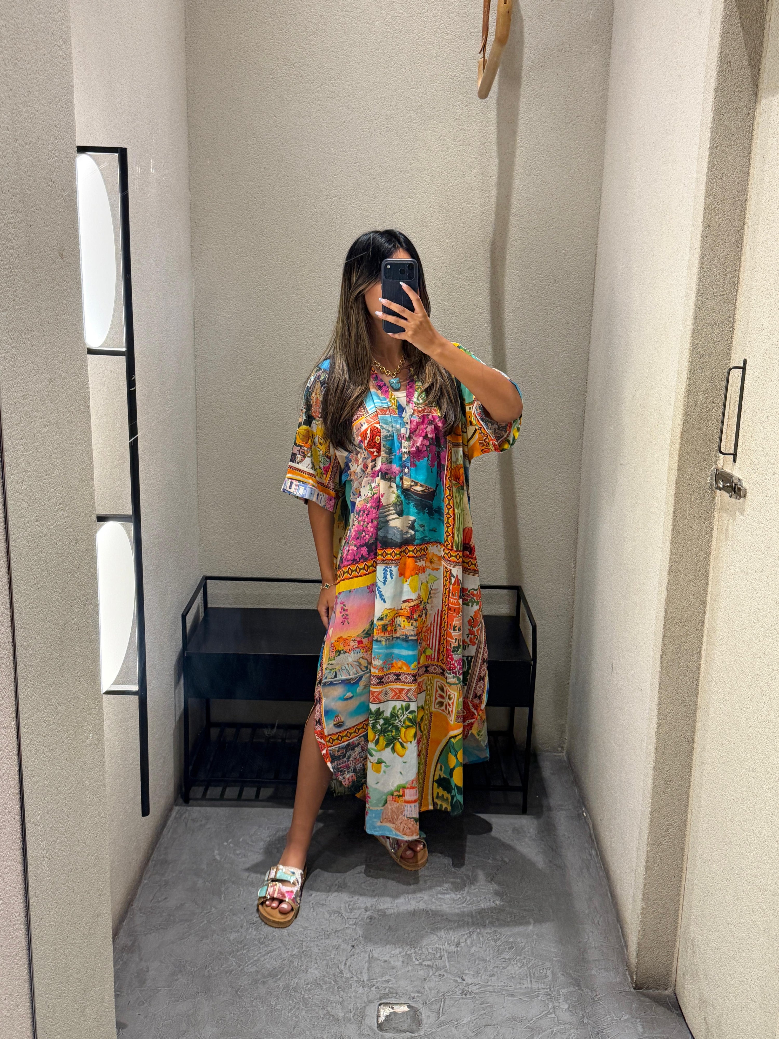 67916-1358 Mediterranean Printed Dress فستان بطبعة مستوحاة من طراز البحر المتوسط