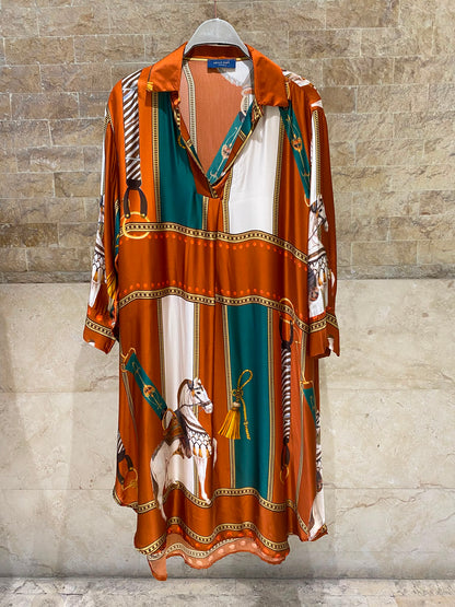 KD6120VS-2 Equestrian Print Satin Oversized Dress