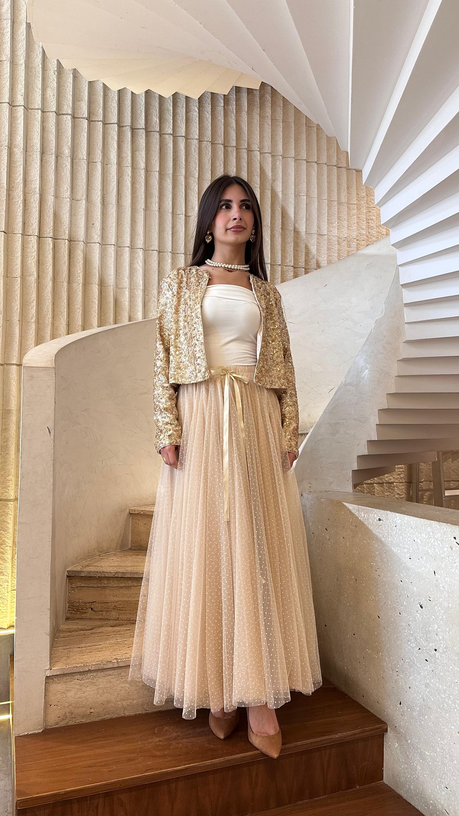 08077-3 White Dot Long Tulle Skirt تنورة تول طويلة